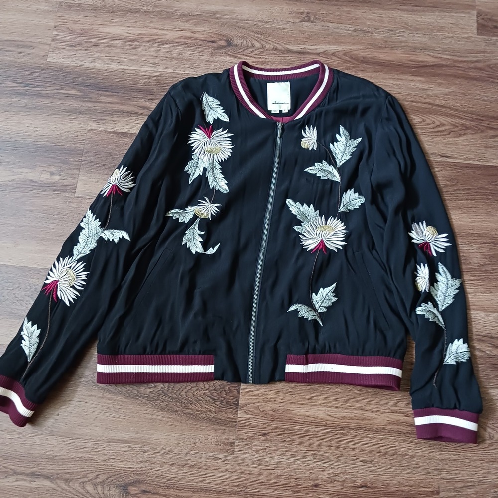 Elevenses Anthropologie Floral Embroidered Bomber Jacket Black Burgundy XL
